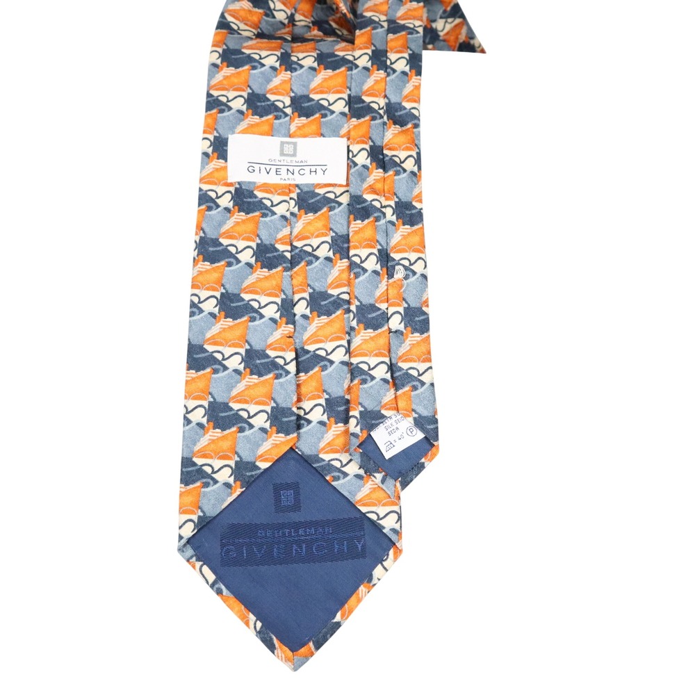Gentleman Givenchy Paris 100% Silk Tie Orange Blue Sailboat Nautical Wave Print - Picture 3 of 5